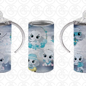 May include: Three stainless steel insulated tumblers with a blue and gray elephant design. The tumblers have two handles and a clear lid. One tumbler has the name "Kooper" printed on it.