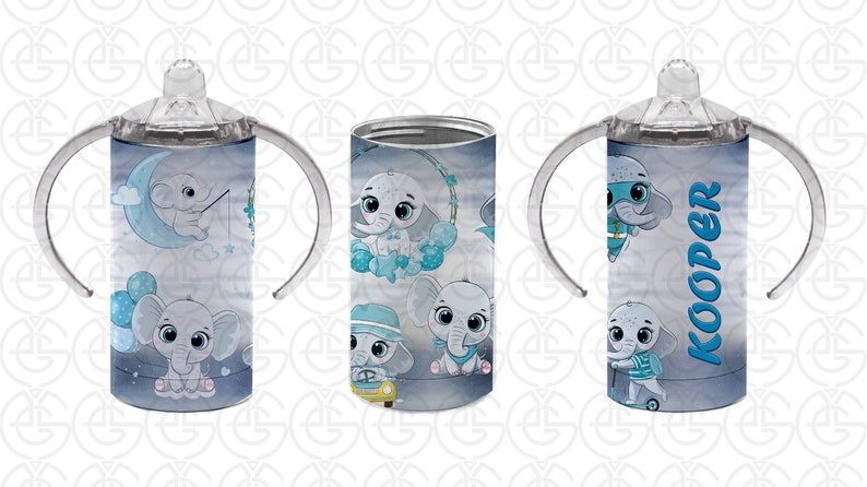 May include: Three stainless steel insulated tumblers with a blue and gray elephant design. The tumblers have two handles and a clear lid. One tumbler has the name "Kooper" printed on it.