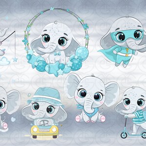 May include: A set of seven illustrations featuring cute baby elephants in various poses. The elephants are gray with blue accents and are depicted in different activities, such as fishing, riding a scooter, and driving a car. The illustrations are set against a light blue and gray background with the name "Kooper" written in blue letters.