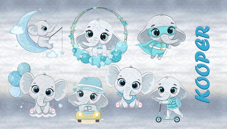 May include: A set of seven illustrations featuring cute baby elephants in various poses. The elephants are gray with blue accents and are depicted in different activities, such as fishing, riding a scooter, and driving a car. The illustrations are set against a light blue and gray background with the name "Kooper" written in blue letters.
