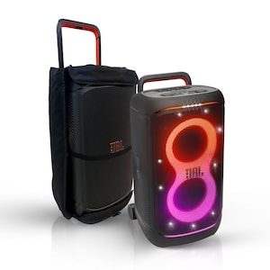 May include: Two black JBL portable speakers. One is in a black case with a red handle. The other has a glowing figure-eight design with orange and purple lights. The JBL logo is visible.