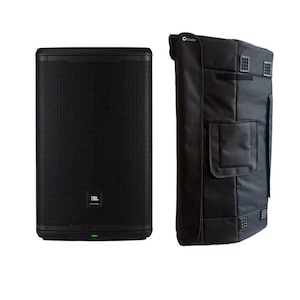 May include: A black JBL speaker with a mesh front panel and a green power indicator. Beside it is a black speaker cover with a pocket and velcro closures. The speaker and cover are on a white background.