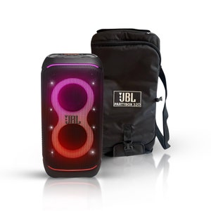 Può includere: Altoparlante Bluetooth portatile nero JBL Partybox 320 con uno spettacolo di luci e una custodia di trasporto nera.