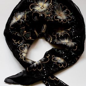 Silk  Head Scarf Silk Handpainted Designer Square Scarves Head Wrap Scarf   Boho outfit  Black  Floral Scarf