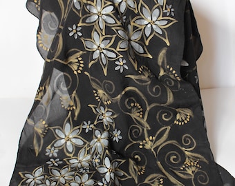 Black Silk Scarf 100% Silk hand painted Scarf Wedding Accessories Evening Luxury Scarf  scarves artists Georgian Scarves