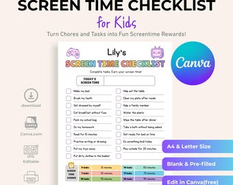 Kids Screen Time Checklist: Earn Rewards for Chores (Canva Template)