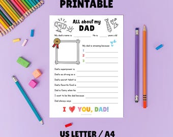 All About Dad Interview Worksheet: Kids Activity, Father's Day (Instant Download PDF)