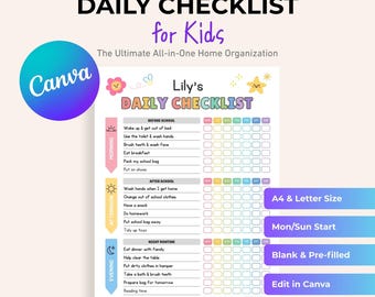 Editable Kids Daily Checklist, Routine Habit Tracker (Canva Template)