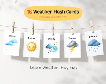 16 Weather Flashcards Printable, Preschool Educational Activity, Montessori Toddler Learning Cards, Instant Download PDF