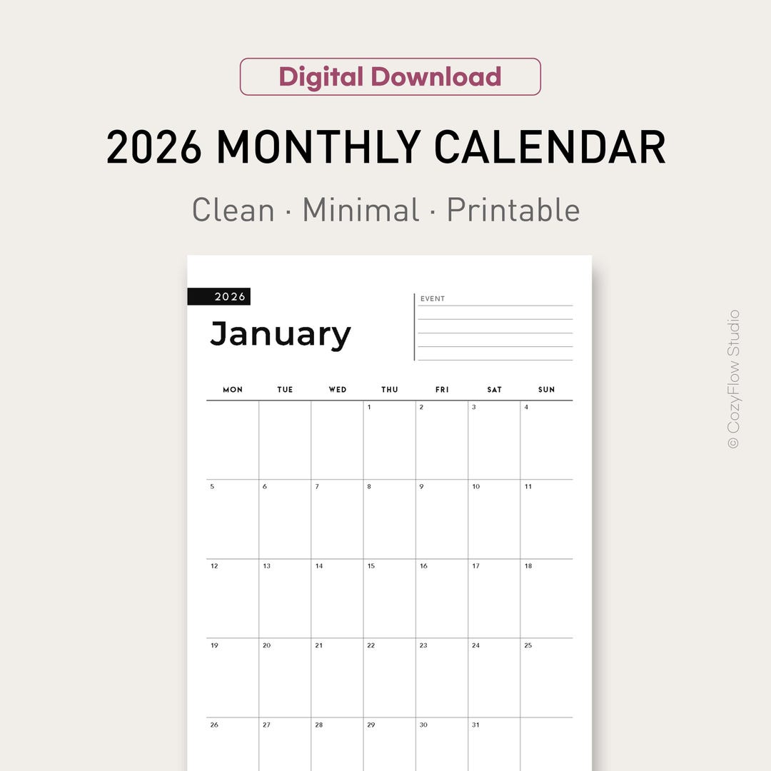 2026 Monthly Calendar Printable Minimal Vertical Calendar Simple Layout ...