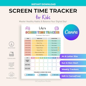 May include: A printable screen time tracker for kids, featuring a colorful design with sections for time, activities, and screen time. Includes the text "Screen Time Tracker for Kids" and "Lily's Screen Time Tracker". Available in A4 and Letter sizes.