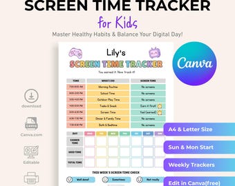 Kids Screen Time Tracker: Daily Routine Chart, Earned Time Log (Canva Editable)