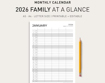 Puede incluir: Un calendario familiar imprimible de 2026 con el texto "2026 FAMILY AT A GLANCE" y "JANUARY" en la parte superior. El calendario es una hoja blanca con líneas grises y un lápiz amarillo. El calendario es de tamaño A5, A4 y carta.