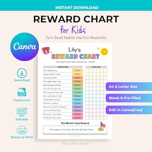 Puede incluir: Un gráfico de recompensas imprimible para niños, con un diseño colorido y el texto "REWARD CHART for Kids". El gráfico incluye secciones para ganar puntos, opciones de recompensa y un espacio para rastrear el progreso. Disponible en tamaño A4 y Carta.