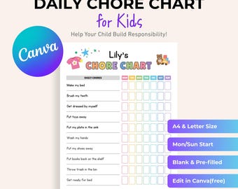 Kids Chore Chart, Toddler Daily Checklist, Responsibility Template (Canva)