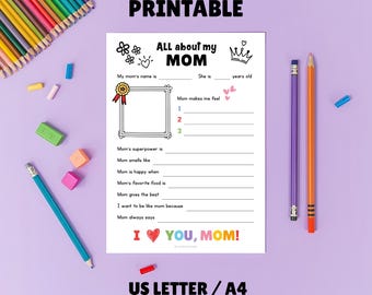 All About Mom Writing Worksheet, Elementary Classroom Activity, Homeschool Keepsake (PDF)