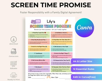 Kids Screen Time Promise Contract, Family Media Agreement (Canva Template)