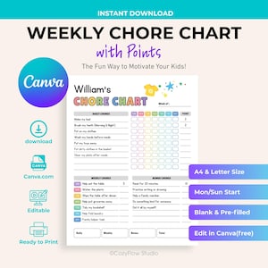 May include: A printable weekly chore chart with colorful design elements. The chart includes sections for daily, weekly, and bonus chores, with space to track points. The text includes "Weekly Chore Chart with Points" and "Edit in Canva (free)."
