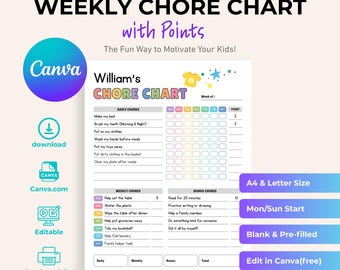 Kids Weekly Chore Chart, Points System, Responsibility Tracker (Canva Template)