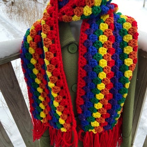 May include: A rainbow crochet scarf with red fringe. The scarf is made with a granny square stitch and features a variety of colors, including red, orange, yellow, green, blue, and purple.