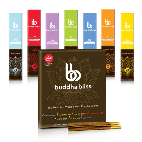 Buddha Bliss World’s Most Popular Scents Incense Sticks | 140 Natural Incense Sticks for Meditation & Good Vibes | 7 Scents | Gift Ideas