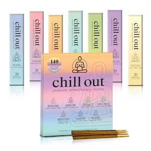 Chill Out Aromatherapy Incense Sticks | 140 Incense Sticks for Relaxation, Meditation, & Positivity | 7 Unique Scents | Gift Ideas