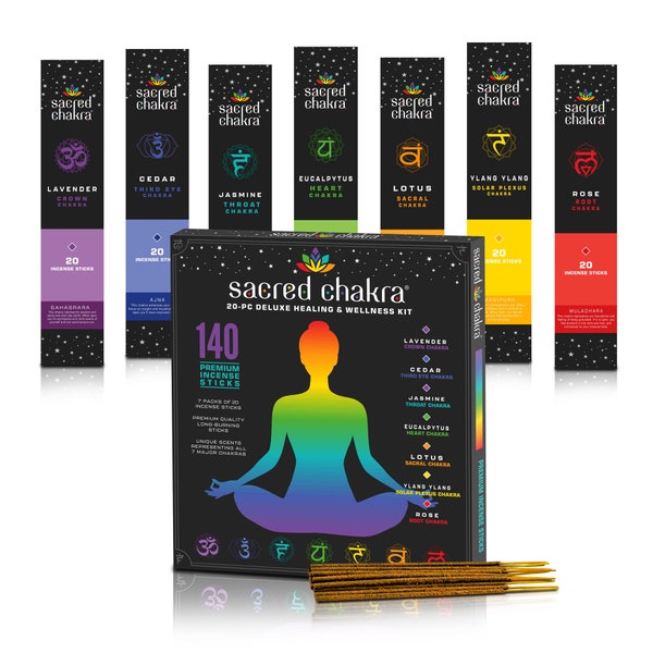 Bâtons d'encens chakra sacré | 140 bâtons d'encens pour la méditation | 7 parfums d'aromathérapie et d'alignement des chakras | Idées cadeaux