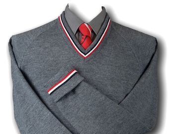 Grey &#39;V&#39; Neck WOOLLEN School Uniform Jersey With Black White Red Trim At The Neck Line, Cuffs & Welt