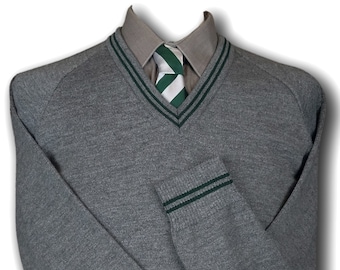 Grey &#39;V&#39; Neck WOOLLEN School Uniform Jersey With Bottle Green Trim At The Neck Line, Cuffs & Welt