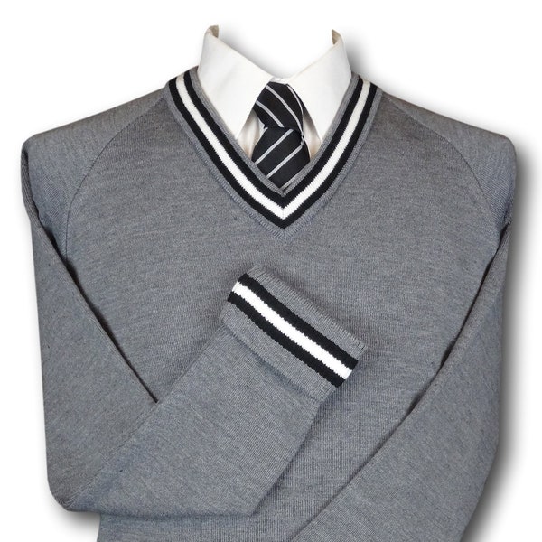 Grey 'V' Neck WOOLLEN School Uniform Jersey With Black White Black Trim At The Neck Line, Cuffs & Welt