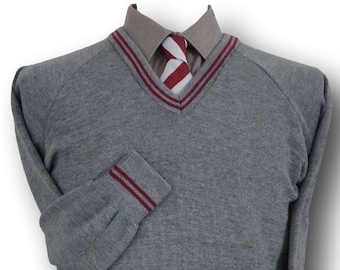 Grey &#39;V&#39; Neck WOOLLEN School Uniform Jersey With Maroon Trim At The Neck Line, Cuffs & Welt
