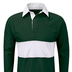 May include: A long-sleeved rugby shirt with a white collar and a white band across the chest. The shirt is green with a white label that says "Rugby Sports Super League".