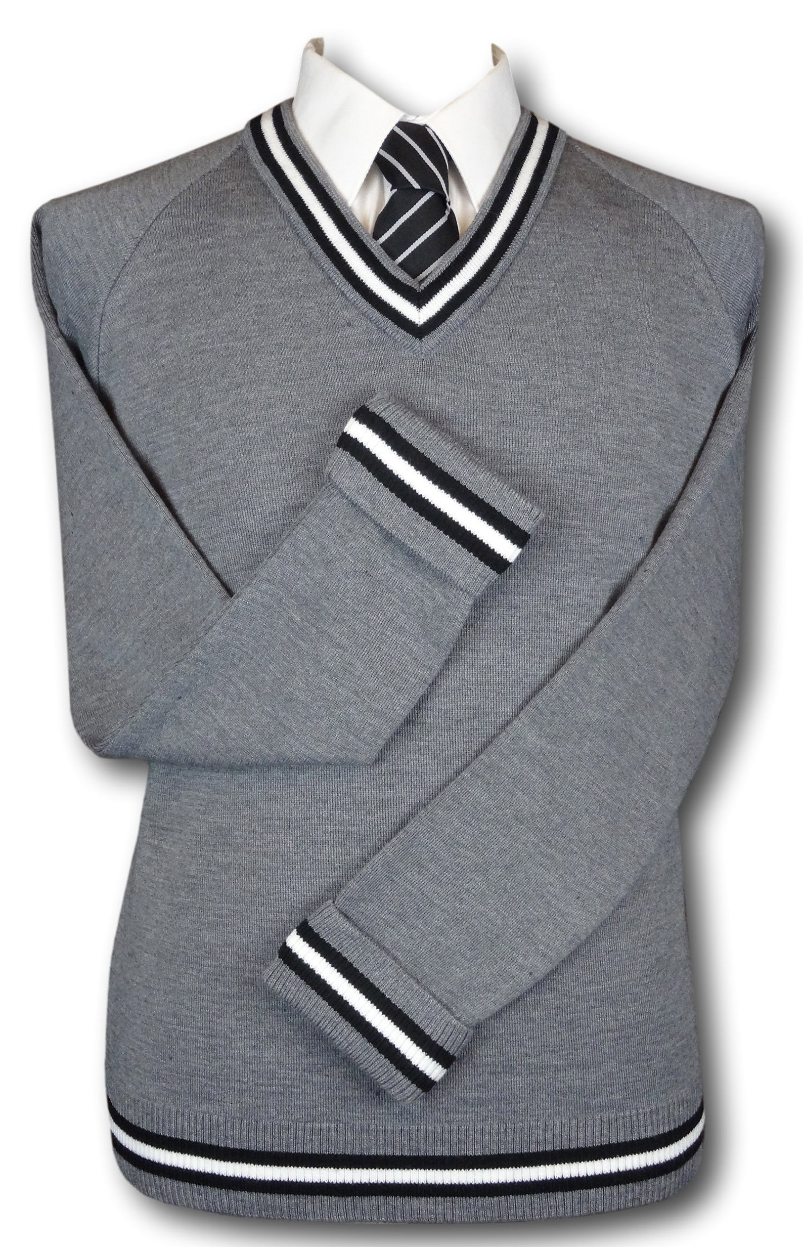 Grey 'V' Neck WOOLLEN School Uniform Jersey With Black White Black Trim