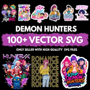 Könnte beinhalten: Ein digitales Grafikdesign mit mehreren KPOP Demon Hunters Charakteraufklebern. Das Bild enthält den Text "Demon Hunters" und "100+ Vector SVG". Die Aufkleber haben verschiedene Farben und Designs.