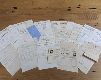 May include: A collection of vintage receipts and invoices, mostly handwritten, with various business names and dates. The papers are scattered on a wooden surface.