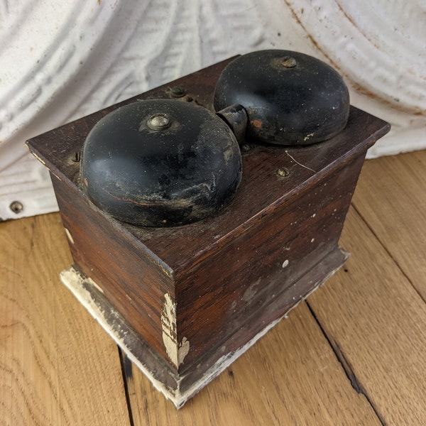 Vintage Phone Bell - 1920s Double Bell Telephone Ringer - Wooden Box Phone Bell - Dovetail