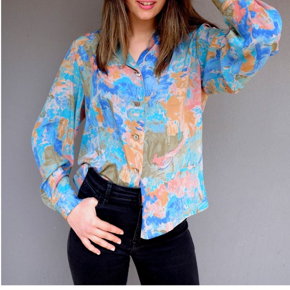 Vintage Colorful 80s Long Sleeve Satin Shirt / Vin
