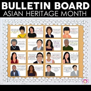 Könnte beinhalten: Ein schwarzes Brett mit weißem Hintergrund und brauner Korkoberfläche. Das Brett ist mit bunten Illustrationen von asiatischen Menschen und inspirierenden Zitaten verziert. Das Brett ist mit "Bulletin Board Asian Heritage Month" betitelt.