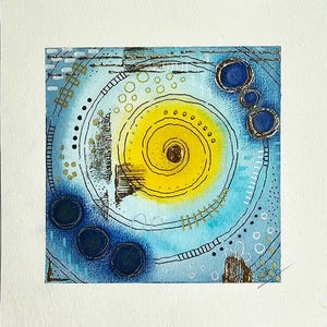 Solar Drift – One of a Kind Abstract Cosmic Watercolor in Yellow & Blue | Signed Mini Art | Contemporary Celestial Wall Decor