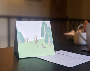 Deer in Forest Printable Folded Square 5x5" Blank Card Template