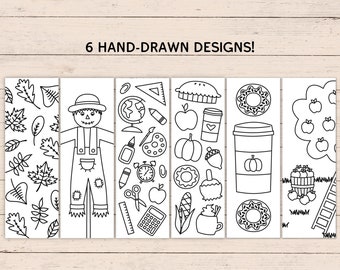 Printable Fall Coloring Bookmarks - Set of 6 - PDF Instant Digital Download - Unique Hand-Drawn Bookmarks to Print & Color at Home