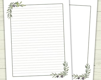 Cute Printable Olive Branch Stationery - Digital Note Paper - Instant Download PDF + JPG (A4 + US Letter Formats) - Olive Branches & Olives