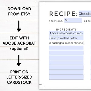 May include: Printable recipe card template with a blue background and white text. The card has a title that says "RECIPE" and a blank space for the recipe name. The card also has a section for ingredients and a section for instructions. The card is designed to be printed on letter-sized cardstock.