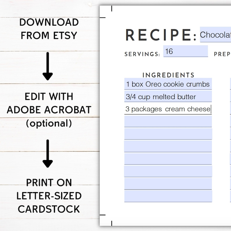 May include: Printable recipe card template with a blue background and white text. The card has a title that says "RECIPE" and a blank space for the recipe name. The card also has a section for ingredients and a section for instructions. The card is designed to be printed on letter-sized cardstock.