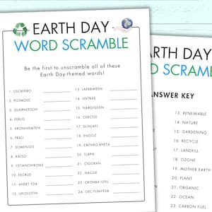 May include: Two printable Earth Day word scramble puzzles with answer keys. The puzzles feature Earth Day-themed words to unscramble. The design includes a recycling symbol and a globe graphic, with text in blue and green.