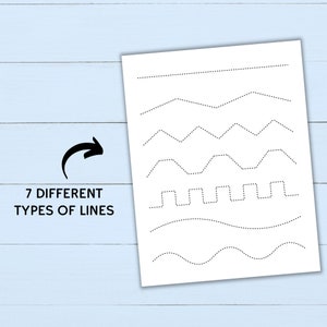 May include: A printable worksheet with 7 different types of lines for tracing. The lines include straight, diagonal, wavy, zig-zag, and curved lines.