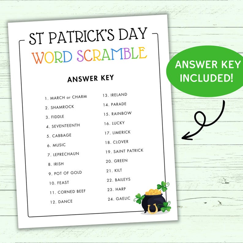 St Patrick's Day Word Scramble - Printable St Patty's Activity - Party ...