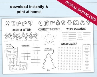 Printable Christmas Activity Placemat for Kids - 3 Sizes - Activity Sheet Instant Download - Coloring Placemat for Home & Christmas Parties
