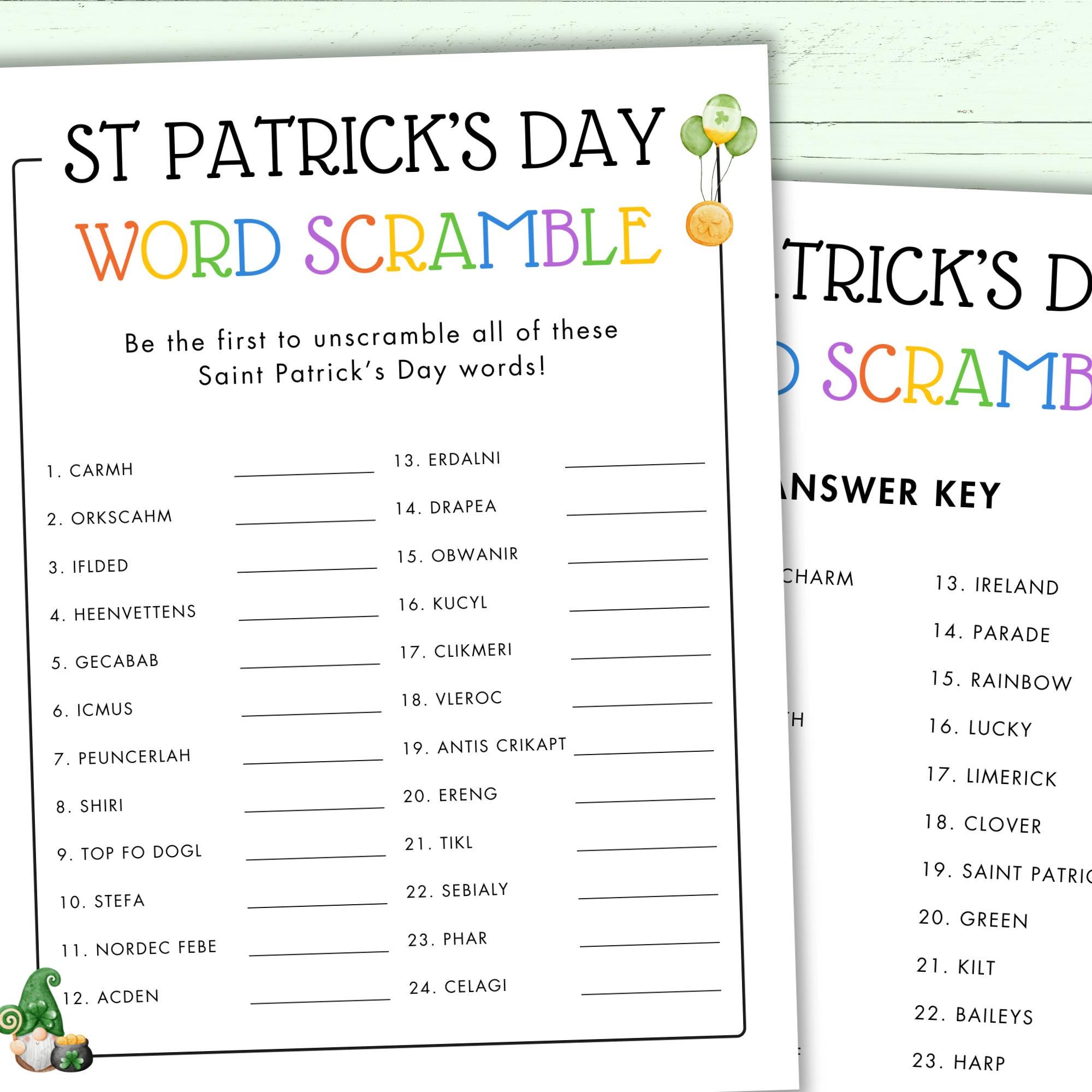 St Patrick's Day Word Scramble - Printable St Patty's Activity - Party ...