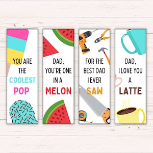 Cute Printable Father&#39;s Day Bookmarks with Puns - PDF Digital Instant Download - Printable Bookmarks for DIY Father&#39;s Day Gift for Dad